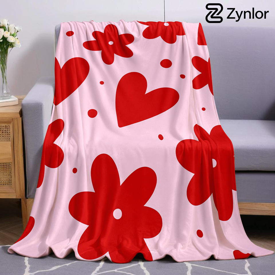 Red Floral Heart Pink Base Cartoon Anime Print Flannel Blanket Soft Warm Throw for Kids Bedroom Sofa Bed Christmas Office Car