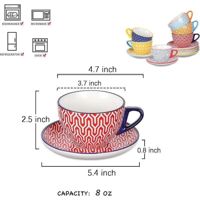 Ceramic 8 Oz Cappuccino Cup Set with Saucers, Espresso Coffee Cups, Latte Macchiato for Party Cafe Home, Set of 6