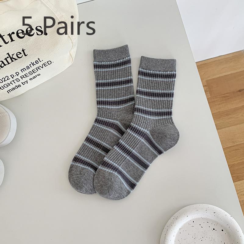 5 Pairs of Children's Striped Seamless Women's Mid-length Pure Color Loose Round-bottom Maternity Socks Suitable for All Seasons