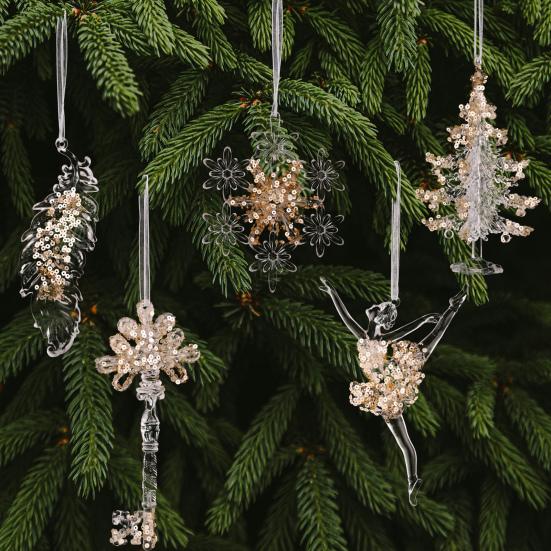 Clear Acrylic Christmas Ornaments Snowflake Tree Elk Butterfly Ballet Dancer Hanging Decoration for Holiday Winter Scene Decoration