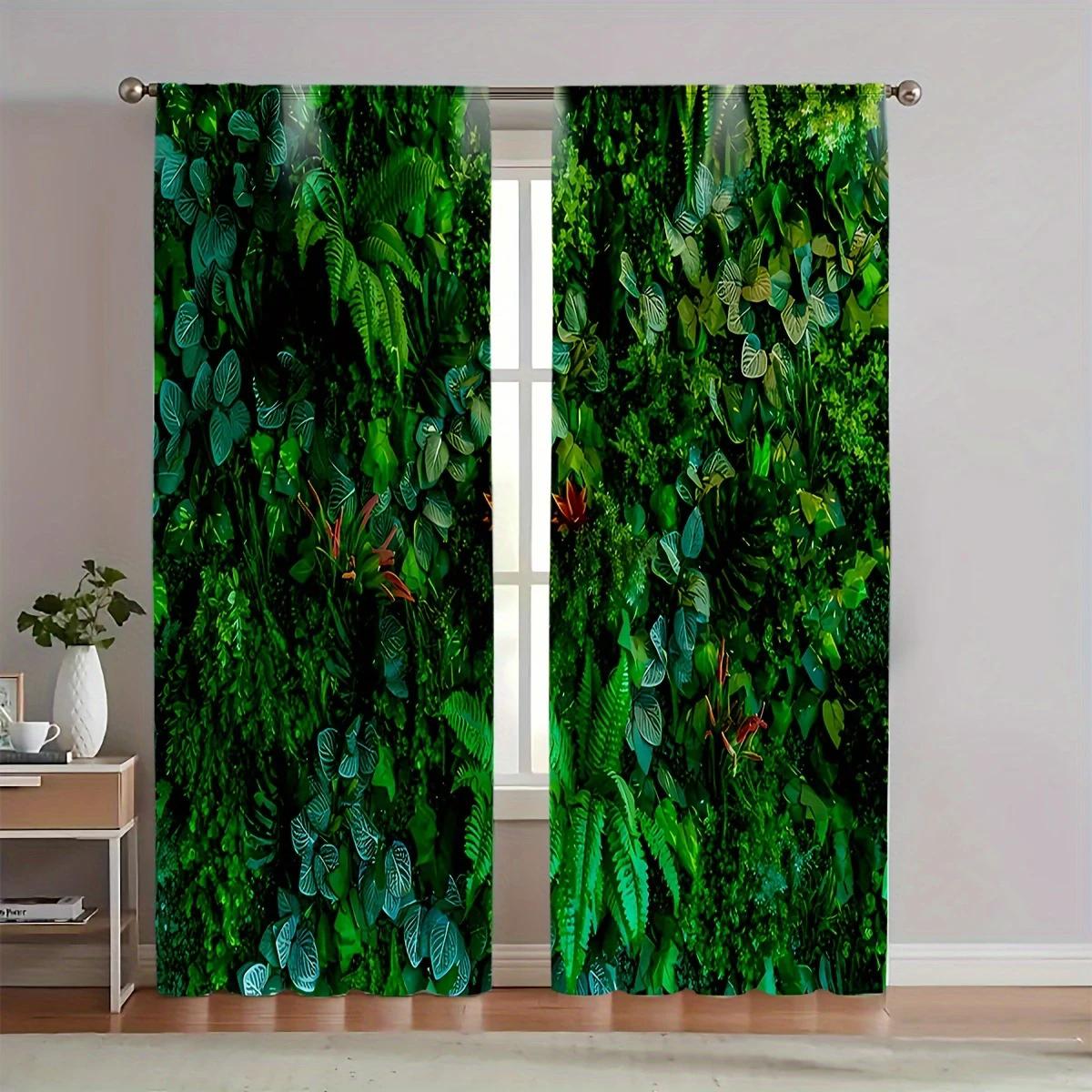 

2Pcs- Green Leaf Pattern Printed Curtains, Pole Bag Curtains, Home Decoration, Room Decoration 14Wx39L(35x100CM)x2