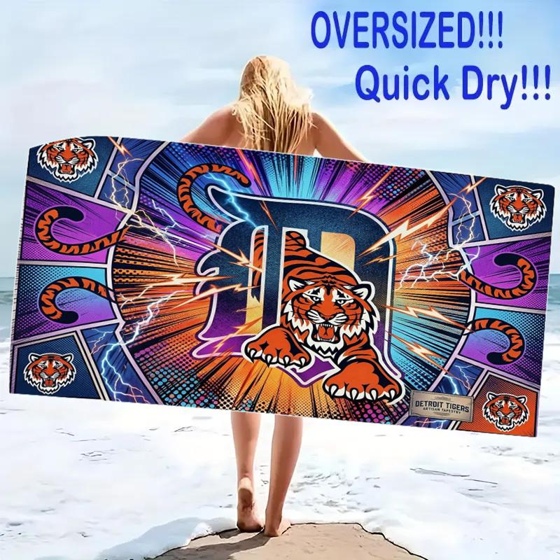Detroit Tigers Print Beach Towel, Large Soft Quick Dry Towel for Beach Camping Swimming