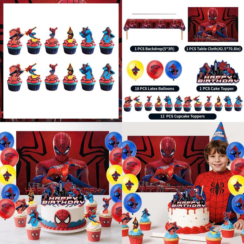 Spider Man Party Tablecloth Backdrop Balloon Cake Decor Set For Superhero Celebration