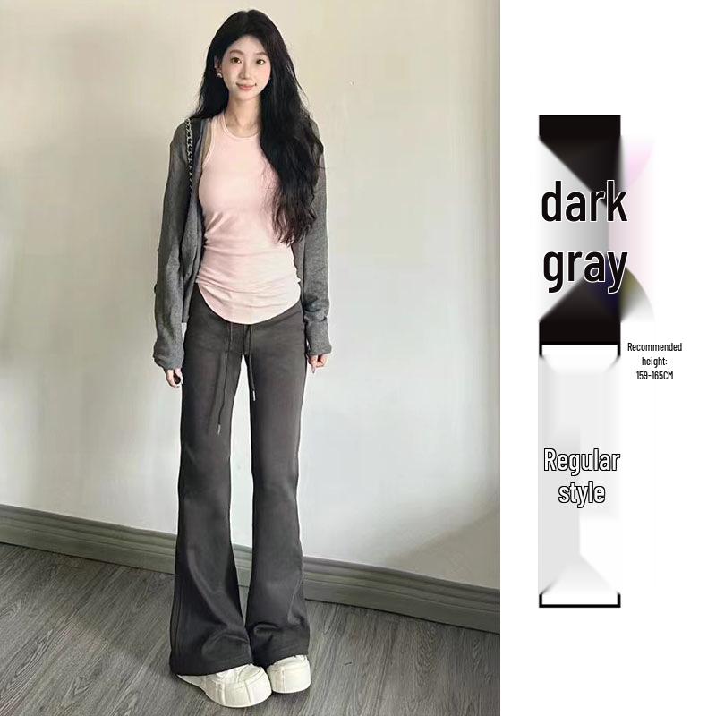 2024 Women's High Waist Gray Sport Flare Pants - Slimming American Style Casual Draping Horseshoe Long Pants