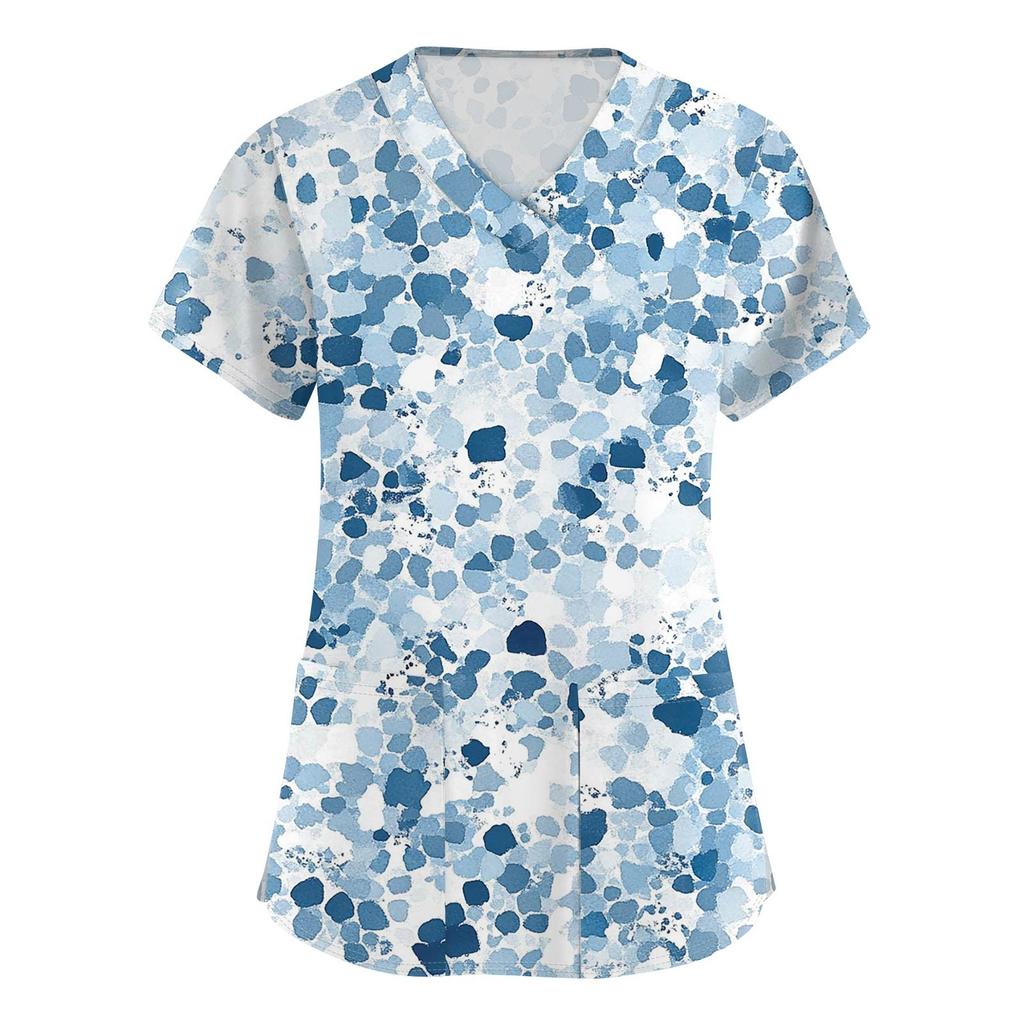 Women's Fashion Printed  Short Sleeve Care Workwear With Double Pockets Top