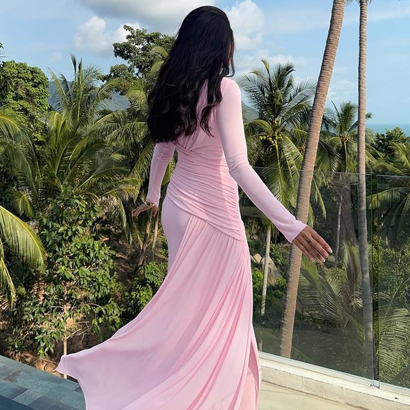 Europäischer & Amerikanischer Stil 2025 Elegantes Einfarbiges Langarm Falten Slim Fit Kleid für Damen - Herbst/Winter Kollektion.