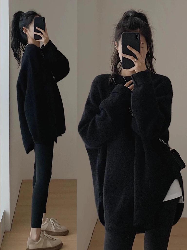 Women's 2025 Autumn/Winter Cozy Oversized Knit Sweater - Mid-Length Pullover