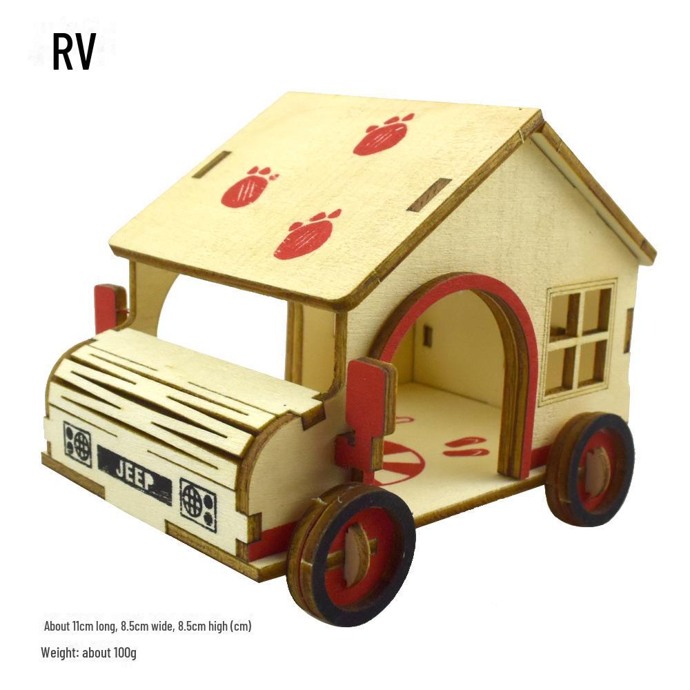 Solid Wood Hamster Climbing Frame Car House with Stairs and Platform Nest Fence for All Seasons.