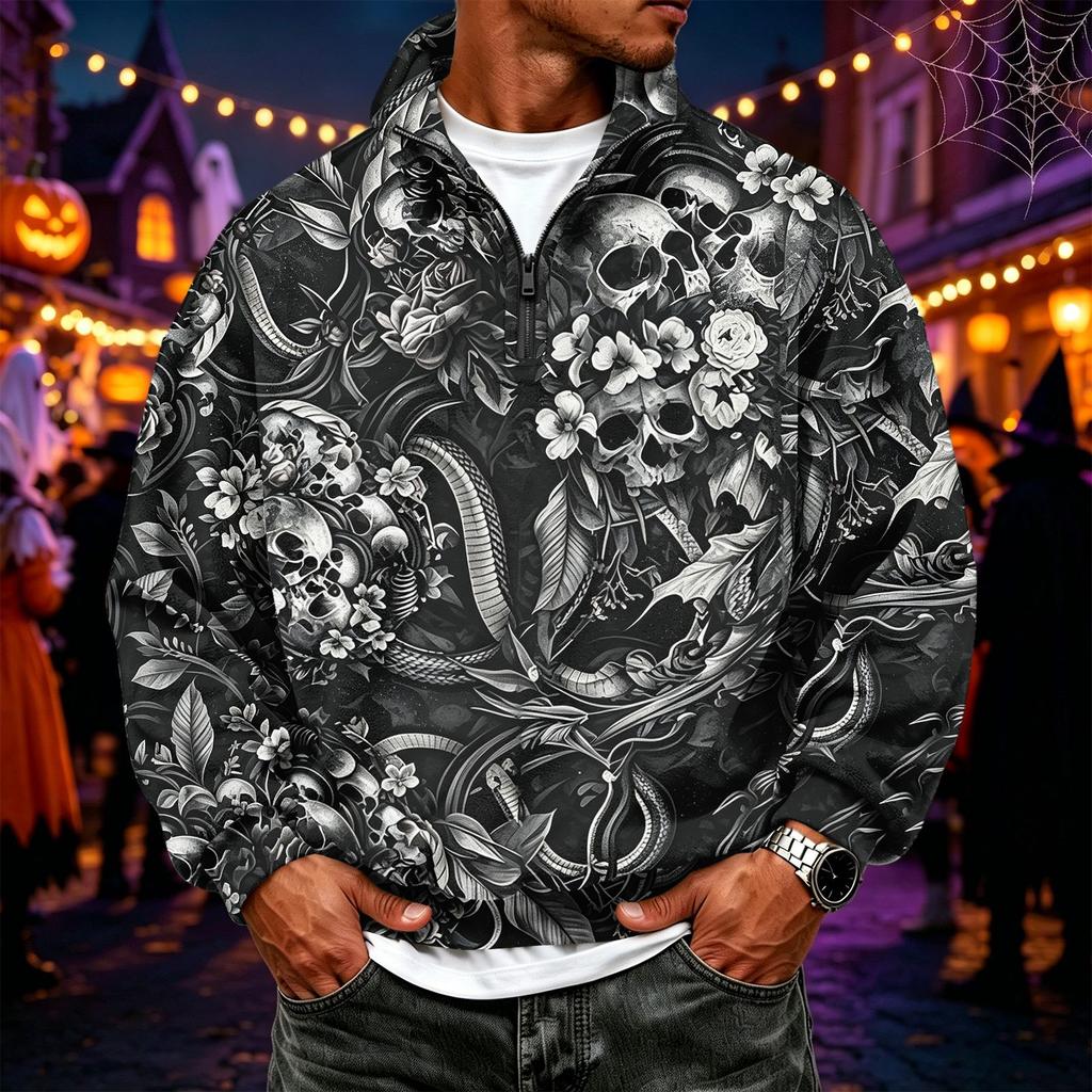 Men's Flannel Long Sleeve Sweatshirt with Halloween Print
