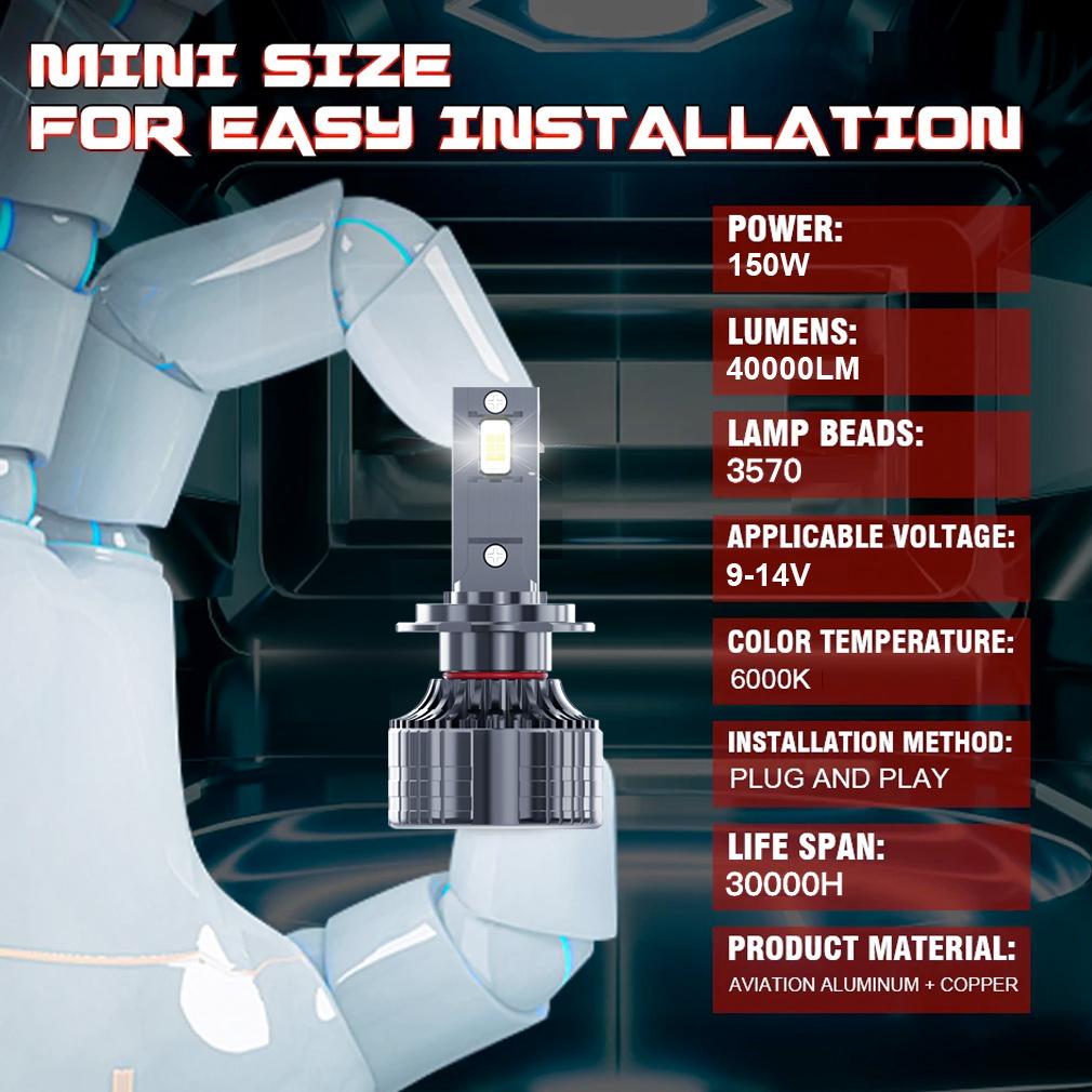 2 szt. 40000LM 150W H1 H4 H7 LED Canbus H8 H11 9005 HB3 9006 HB4 9012 Hir2 Turbo Led żarówki do reflektorów 6000K biała lampa samochodowa podwójna miedziana rura reflektora