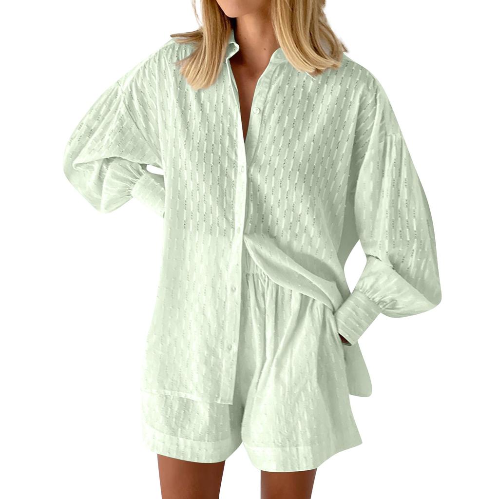 Lässige Mode Einfarbig Damen Shirts Puffärmel Elegante Tops Shorts Casual Anzug