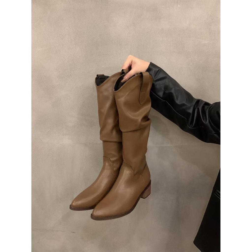 Thick Heel Vintage Brown V-Hole, Pile Medium Boots Women's Shoes 2025 Autumn Pointed Western Cowboy Boots