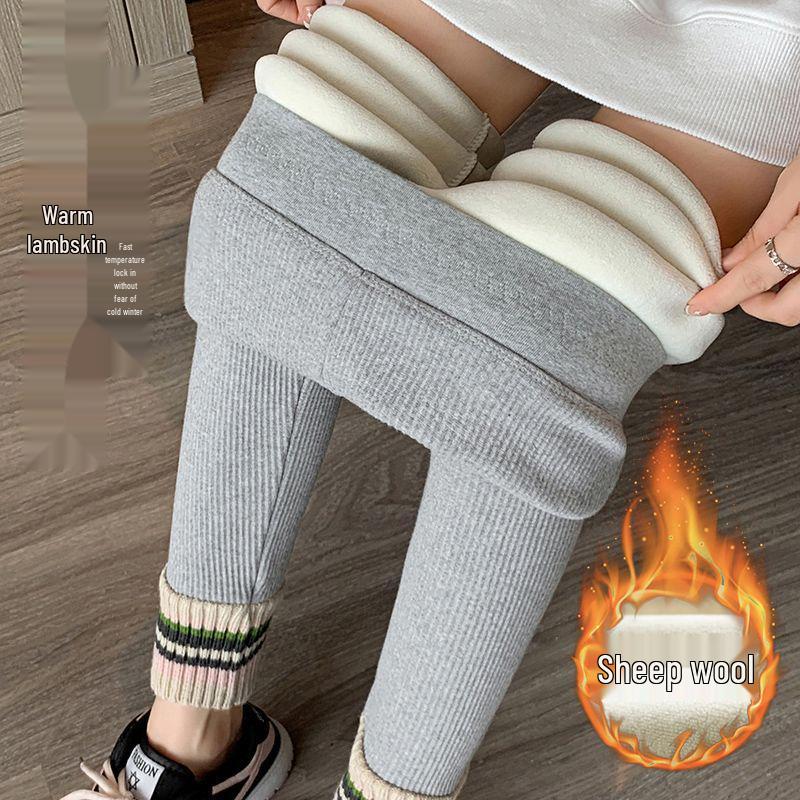 Women's Fleece-Lined High-Waist Leggings: New Autumn/Winter Style with Ribbed Ankle Cuffs, Slim Leg, and Warm Thread for Outdoor Wear.
