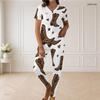 Women Plus Size V Neck Short Sleeve Leopard Christmas Tree Print White Pajama Set