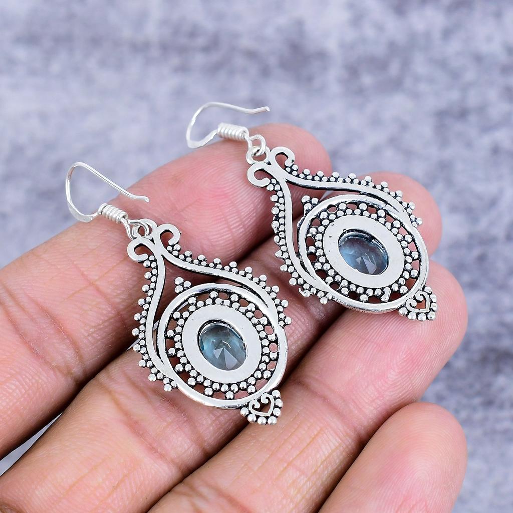 Swiss Blue Topaz Gemstone 925 Sterling Silver Jewelry Earring 2.05" M-2698