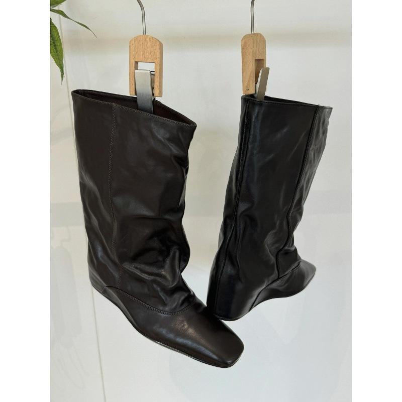 Cowhide~ Autumn and winter new inner height increase 5cm boots square head loose sleeve medium boots women's short boots fashion knight boots