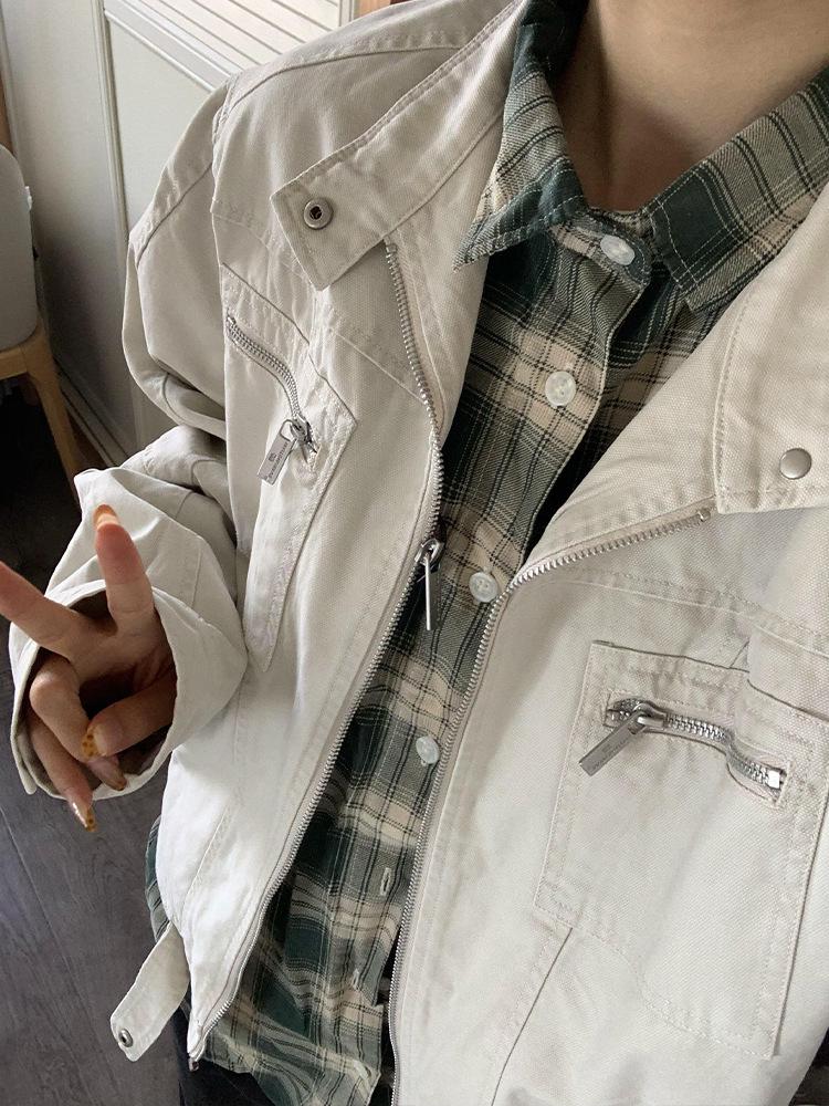 Unisex Washed Canvas Harrington Jacket with Multi-Pocket Stand Collar