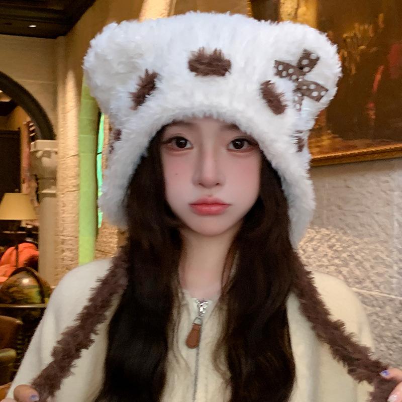 Korean Style Cute Bear Bow Plush Knitted Hat for Women Winter Warm Ear Protection Versatile Small Woolen Hat Showing Face