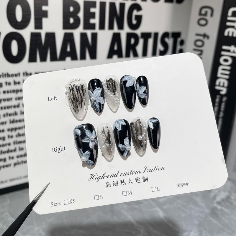 Sweet Punk Style Handmade Press-On Nails With Flower Pearl Decor Almond Shape Reusable Nail Tips Women Extra Small