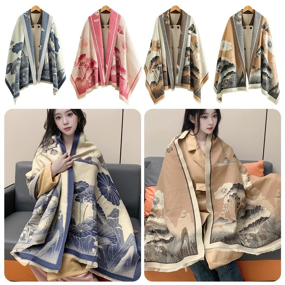 Chinese Style Imitation Cashmere Scarf Double-sided Ink Painting Theme Pashmina Blanket Thick Warm Poncho Scarves Winter Season