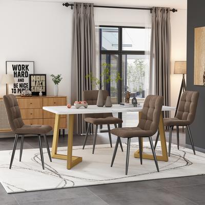 Dining Set (117×68cm Dining Table with 4 Chairs), Rectangular Modern Kitchen Table Set, Dining Chair Brown Velvet Kitchen Chair, Golden Table Legs