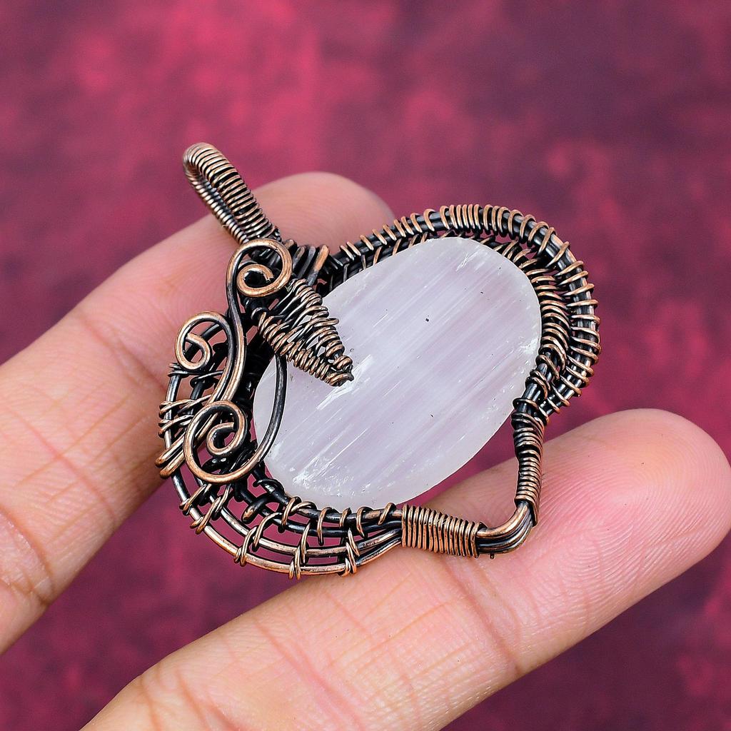 Selenite Druzy Natural Gemstone Pendant Copper Wire Wrapped Pendant Wire Jewelry