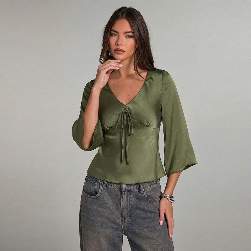 women s Tie Front Flare 3/4 Sleeve Blouse Elegant V Neck Slim Fit Satin Shirt Casual Top S