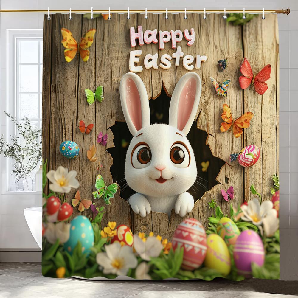 Happy Easter Bunny Eggs In Wooden Board Hole Cartoon Shower Curtain, Bathroom Decorative Shower Curtain, Home Curtain with Hooks