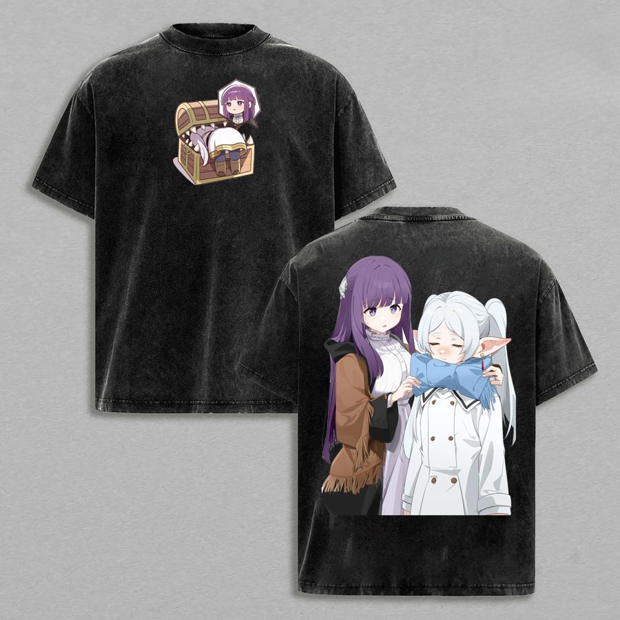 Anime Frieren Fern Printed T-shirt Cute Kawaii Fashion Washed Oversized T Shirt Short Sleeve Cotton Tees Men Women Clothing
