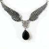 Gothic Punk Ancient Silver Angel Wings Black Water Drop Pendant Necklace for Women Men Charm Choker Chain Jewelry Accessory Gift