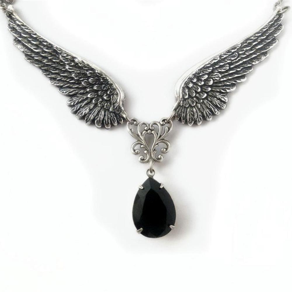 Gothic Punk Ancient Silver Angel Wings Black Water Drop Pendant Necklace for Women Men Charm Choker Chain Jewelry Accessory Gift