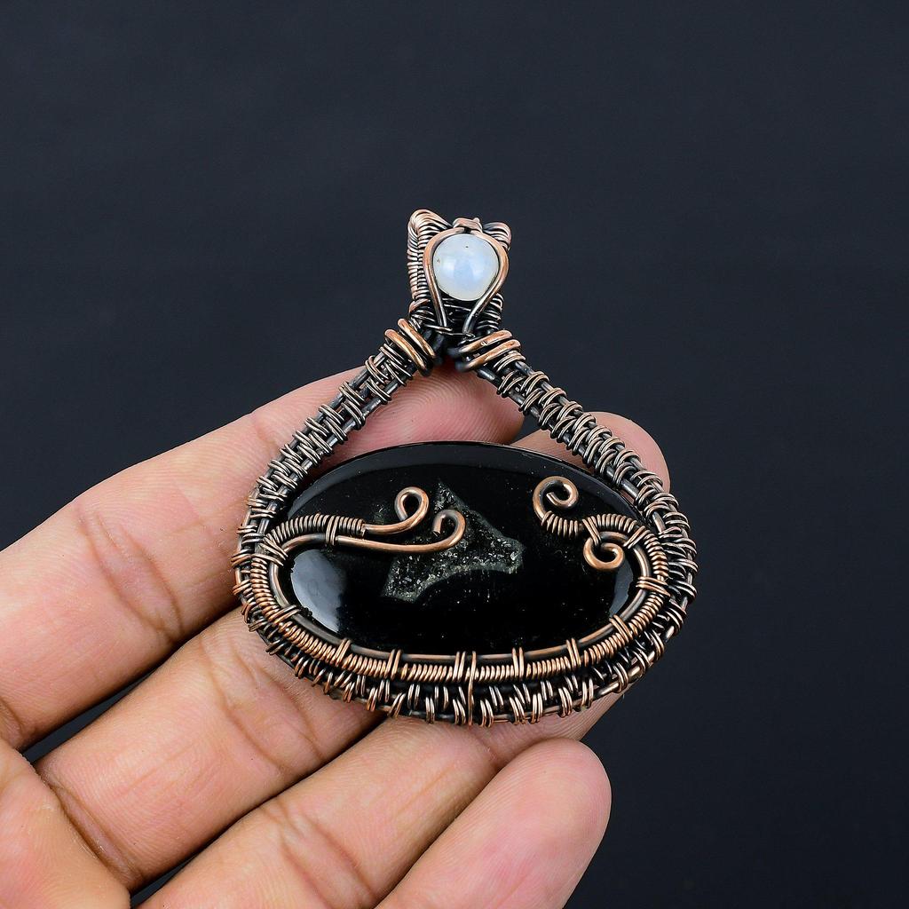 Black Solar Druzy Gemstone Pure Copper Wire Wrapped Handmade Pendant Jewelry For Gift