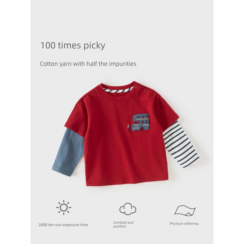 David Bella Kidsren's Long-Sleeved T-Shirt Spring New Style Baby Boy Pure Cotton Fake Two-Piece Red Top Bottoming Shirt
