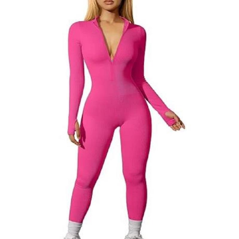 Slim Jumpsuit Women's Clothing Zipper Casual Brown Fitness Rompers Autumn Playsuit Activity Streetwear Overall