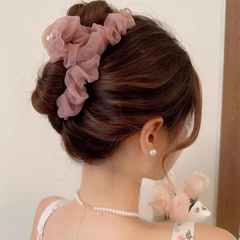 Herbstlicher Haarklammer mit Plissee-Netz im koreanischen Stil für Hochsteckfrisuren – Elegante große Haiklammer