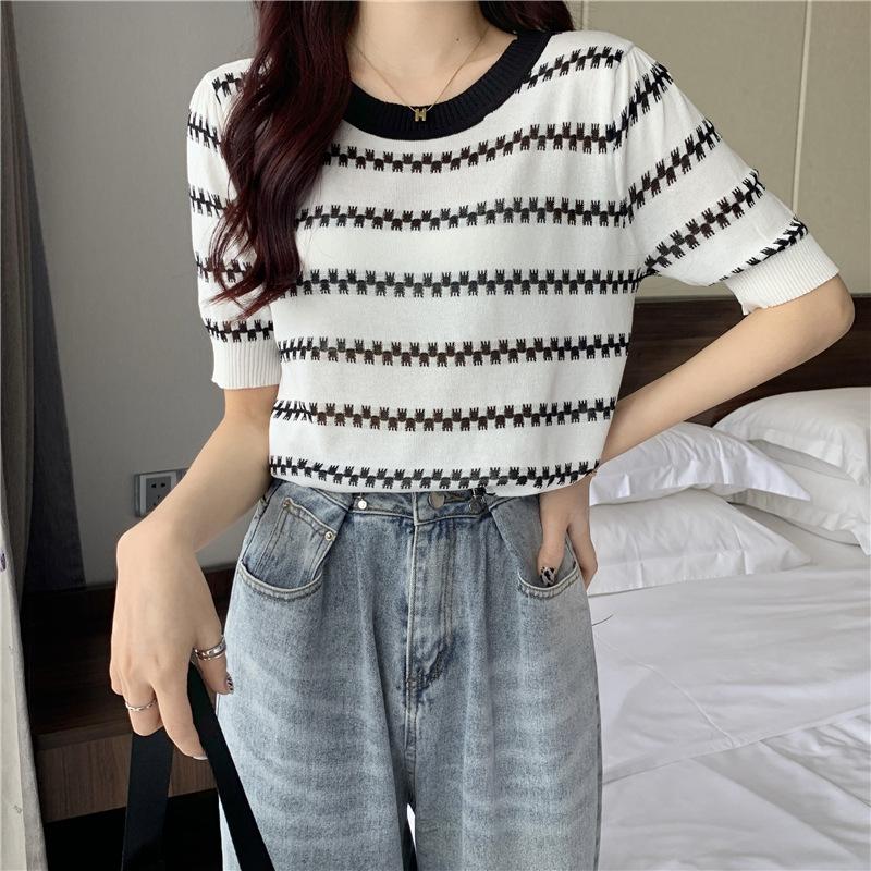 Sommer Locker Dünner Pullover Gestreift Rundhals Kurzarm Strickshirt Dünne Oberteile Damen Lässig Essentiell Komfort und Stil Slim Fit Pullover T-Shirts