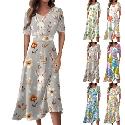 Ladies Casual Fashion Gradient Print V-Neck Short Sleeve Waist Long Swing Dress