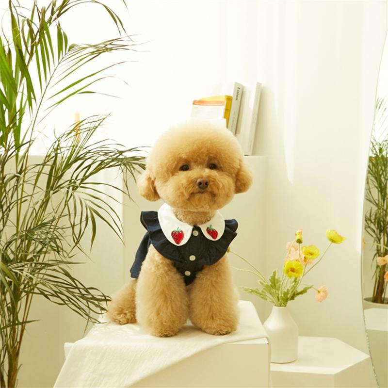 Cute Dog Dress Strawberry Applique Flutter Sleeves Dress Soft Pet Clothes Puppy Dog Clothes Pomeranian Chihuahua Clothes