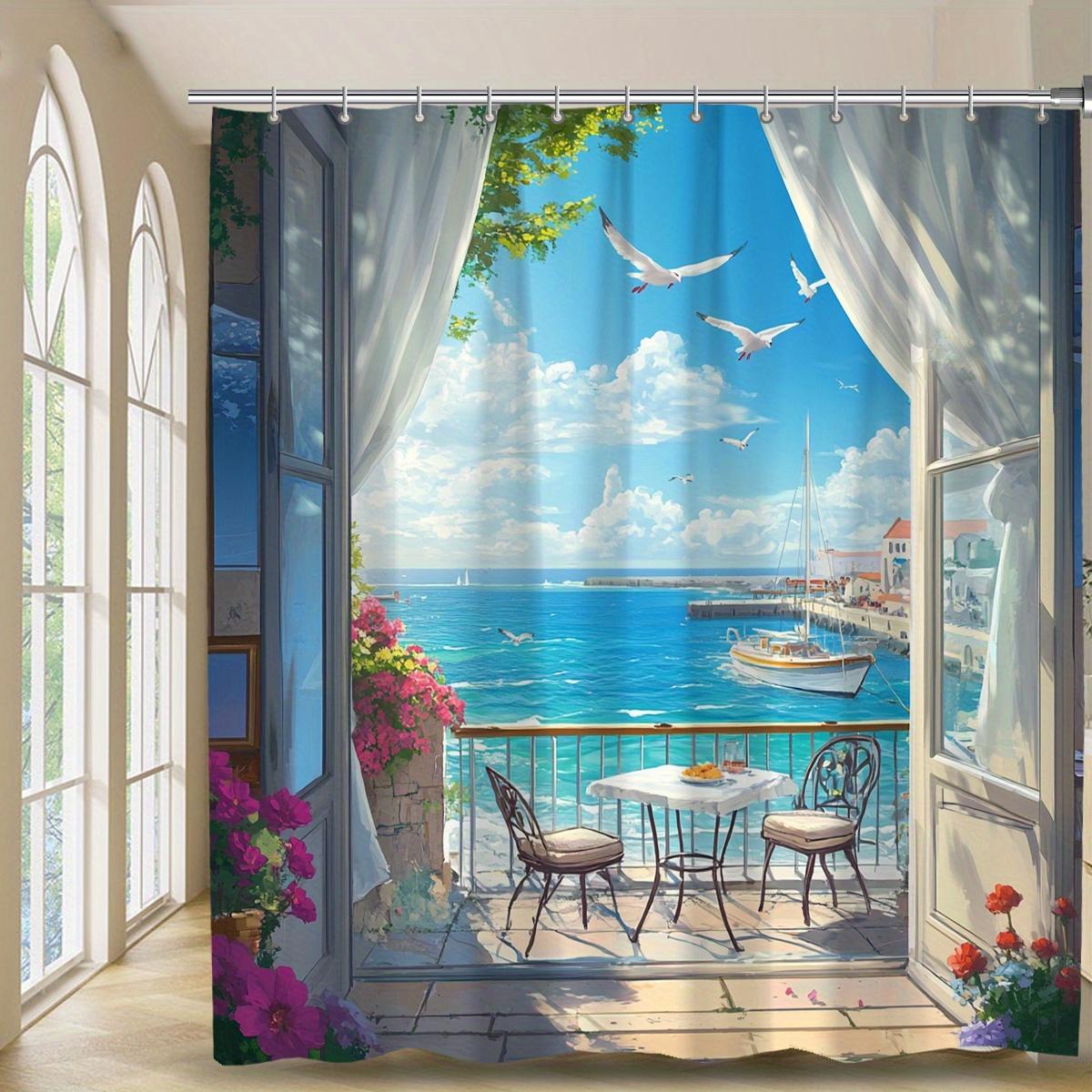 

1Pc Waterproof Polyester Beach Wind Shower Curtain With Hooks, Stain Resistant, Machine Washable, Stylish Bathroom Decor W60H190(CM)-1 Pcs