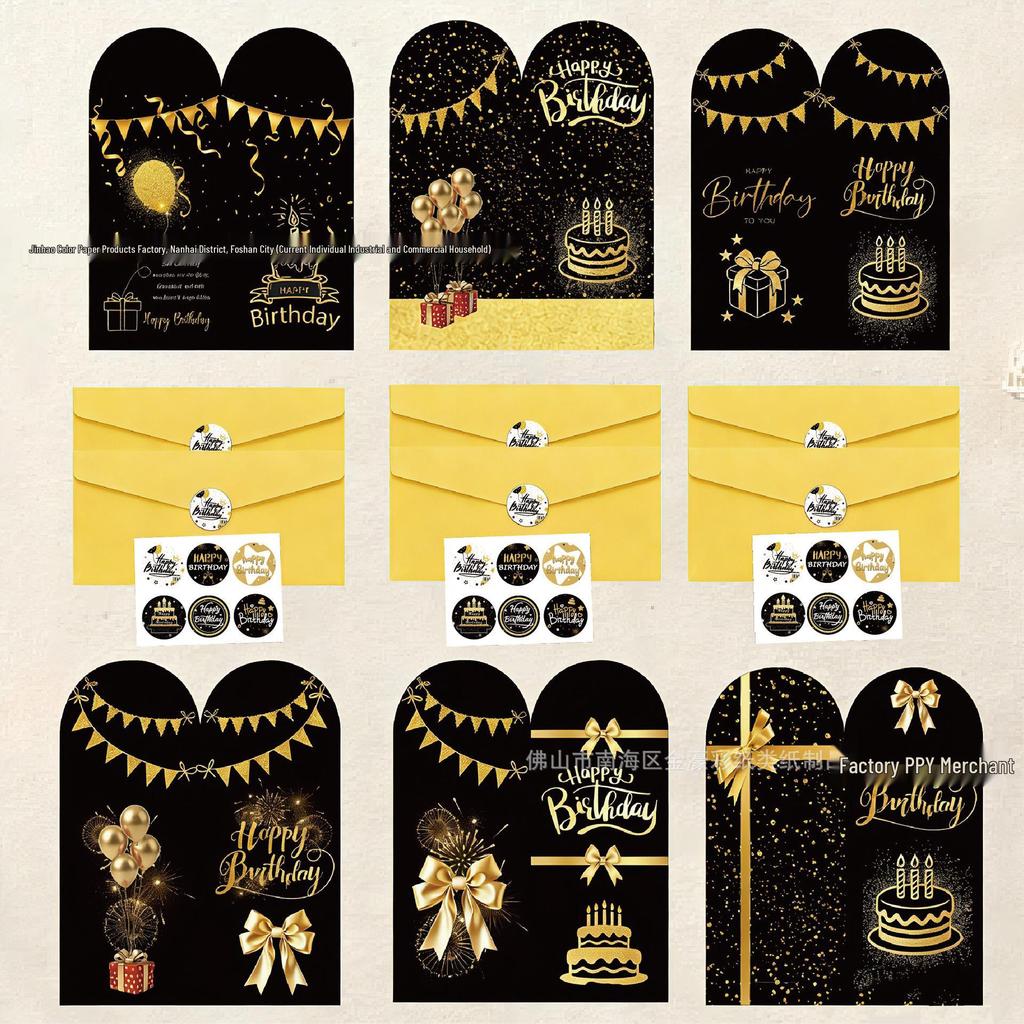 New Black Gold Series Birthday Card: High-End Foldable Handwritten Greeting for Gifts