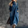 Fashion New Loose Crew Neck Plus Size Blue Dress with Pockets, Trendy Long Sleeve Patchwork Dress