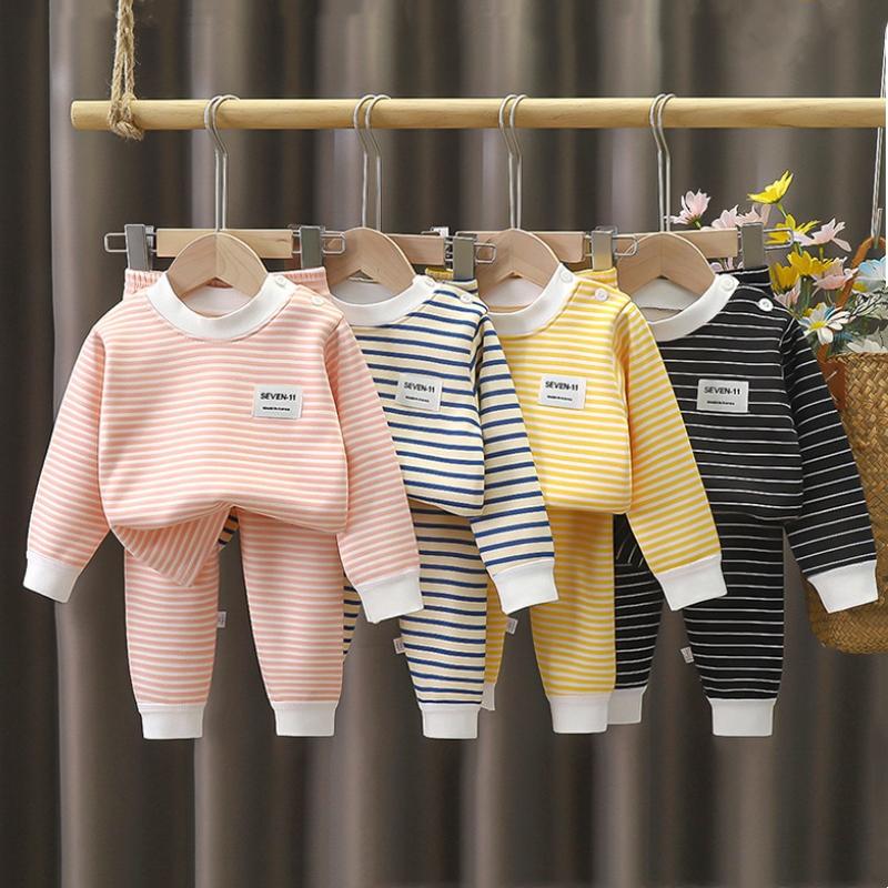 2Pcs/Set Kids Warm Pajama Sets Autumn Winter Boys Girls Plus Velvet Stripe Suits Fashion Print Pullover+Pants Outfits Children Clothing