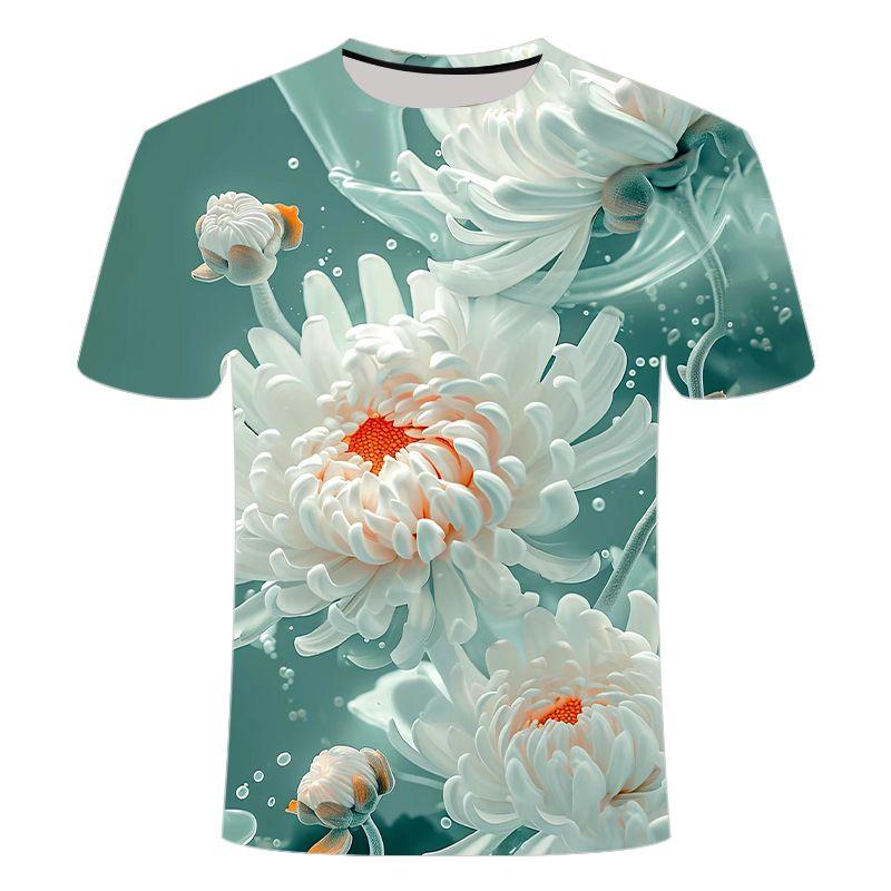 2024 Summer Creative 3D Printed Various Water Flower Series, Niche Fashion Men's and Women's Round Neck T-shirt
