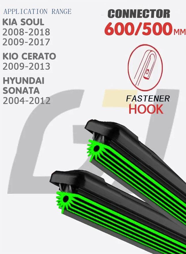 24 +20 J-Hook Frameless Windshield Wiper Blades, 11-Layer Silent Streak-Free Rubber Replacement Wipers Fits Kia Soul, Kia Cerato, Hyundai Sonata чёрный
