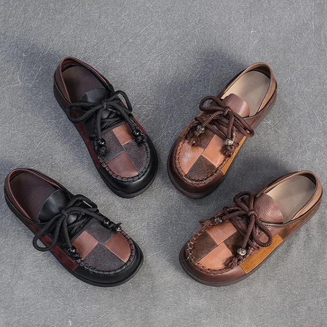Johnature Retro Genuine Leather Mixed Colors Versatile Comfortable Casual Women's Flat Shoes
