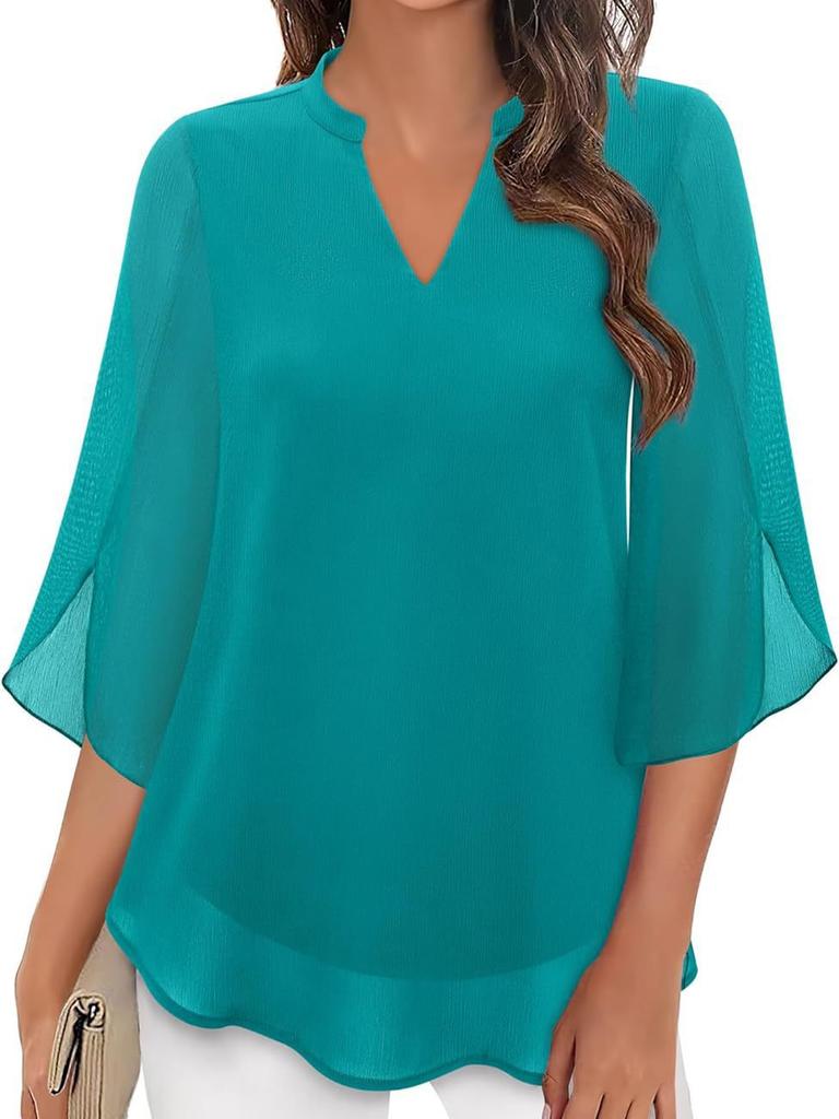 Casual Summer New Women's Floral Sleeve Top Loose V-Neck Chiffon Shirt