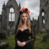 Halloween Costume Headband Pumpkin Skull Floral Headband Stable Hair Hoop with 3D Artificial Photogenic Accessory Flowers And Spiderweb Black