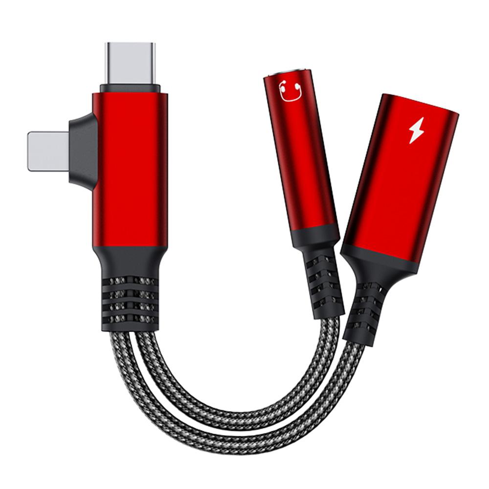 

L-Shaped iP/USB-C to 3.5mm Female+Type-C Charging Cable Audio Charging Adapter Red
