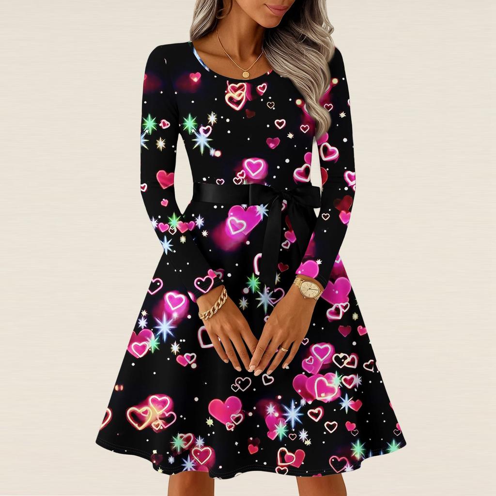 Damen Casual Mode Langarm Vintage Lange Kleider Frühling Valentinstag