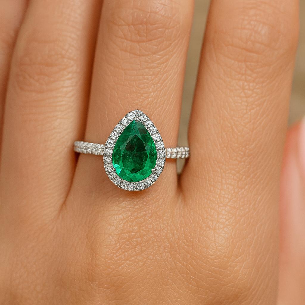 Pear Cut Green CZ Ring, White Gold Plated Silver, Halo Engagement Ring with Side Stones for Women